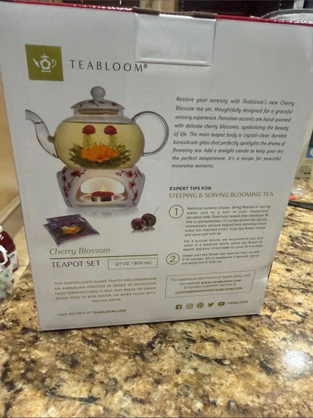 Teabloom Cherry Blossom Glass Teapot Set with White Floral Warmer